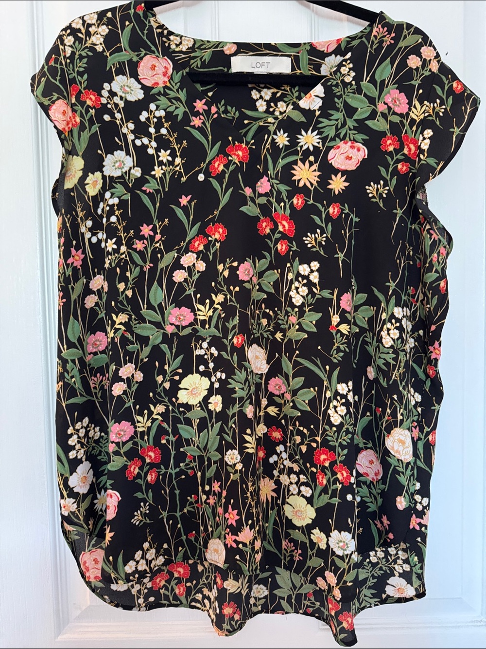 LOFT Black Floral Cap Sleeve Blouse with Pink and Red Blooms
